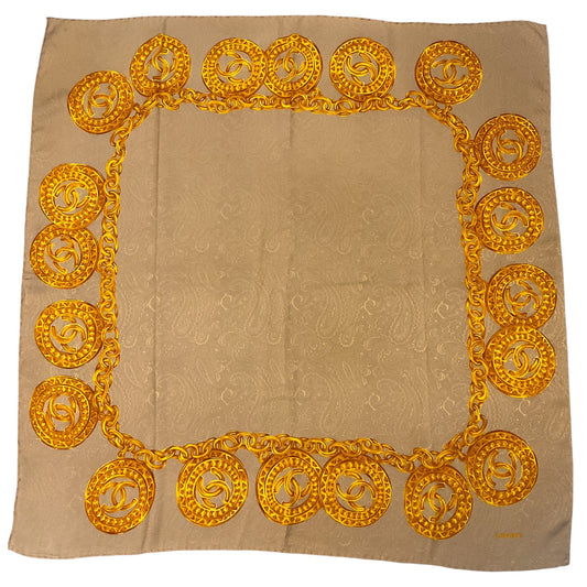 Chanel Taupe / Gold CC Logo Chain Print Square Silk Twill Scarf