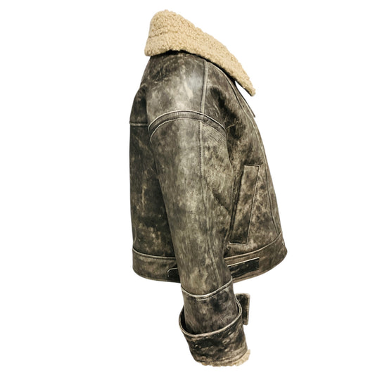 Walter Baker Black Sand / Beige Richie Leather Jacket with Faux Shearling Fur Lining