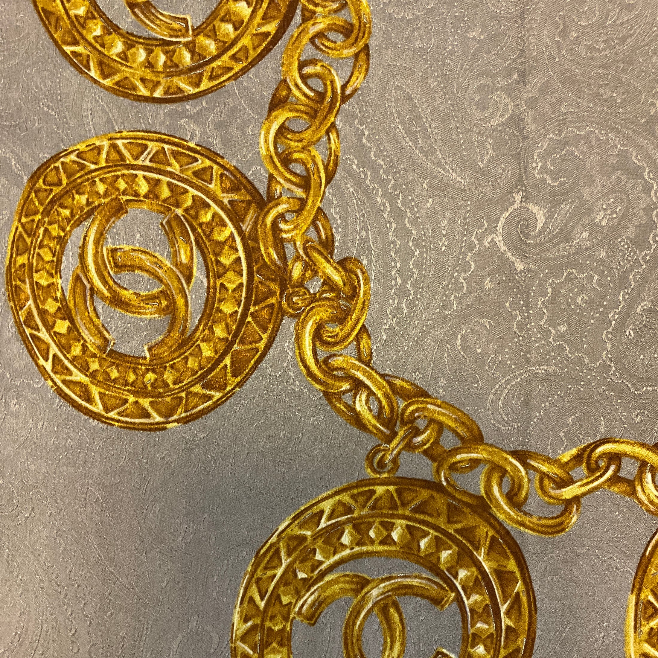 Chanel Taupe / Gold CC Logo Chain Print Square Silk Twill Scarf
