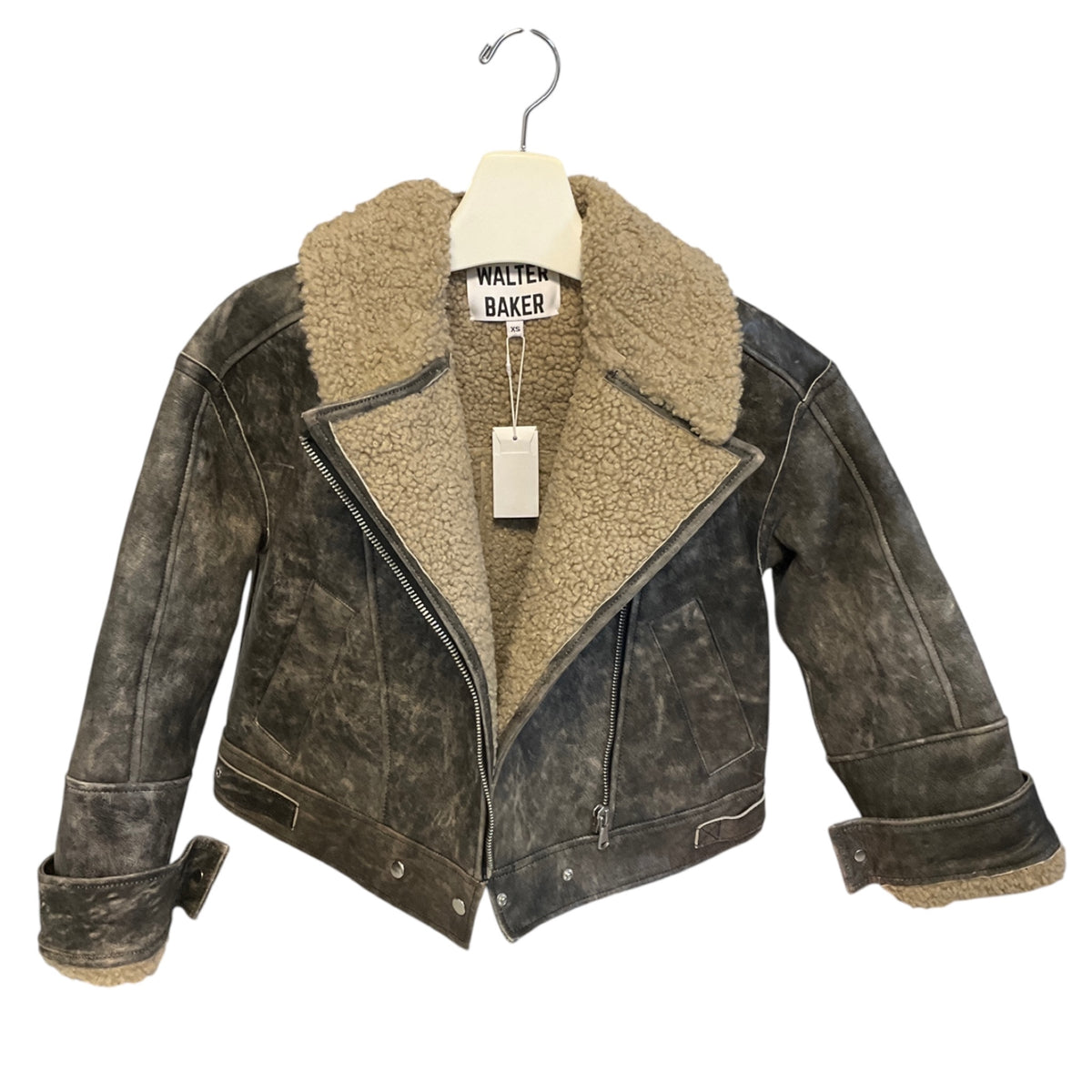 Walter Baker Black Sand / Beige Richie Leather Jacket with Faux Shearling Fur Lining