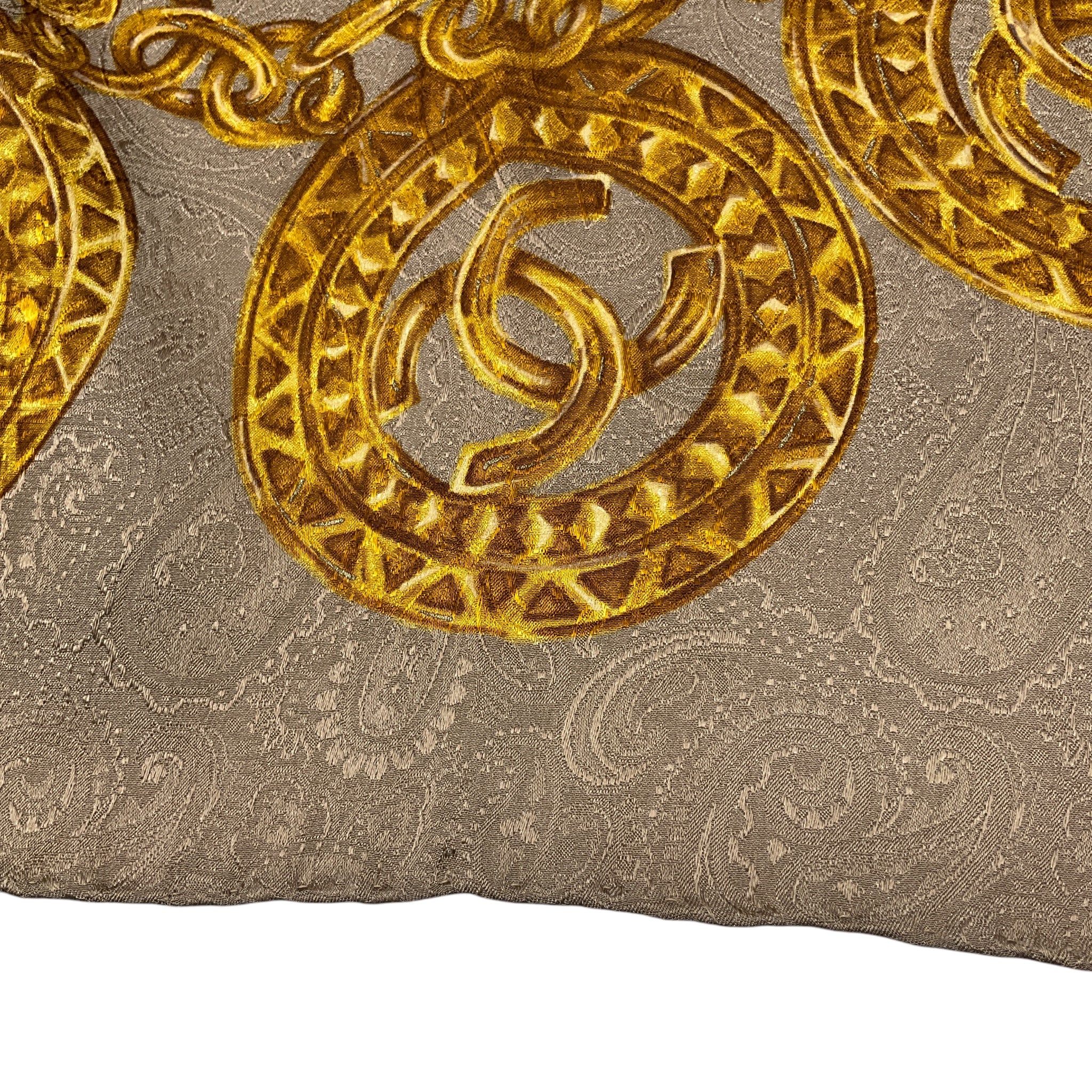 Chanel Taupe / Gold CC Logo Chain Print Square Silk Twill Scarf