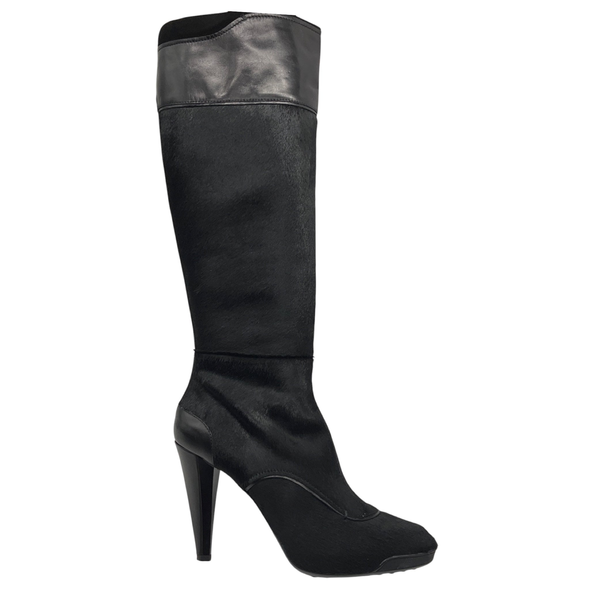 Tod's Black Leather Trimmed Calf Hair High Heeled Tall Boots