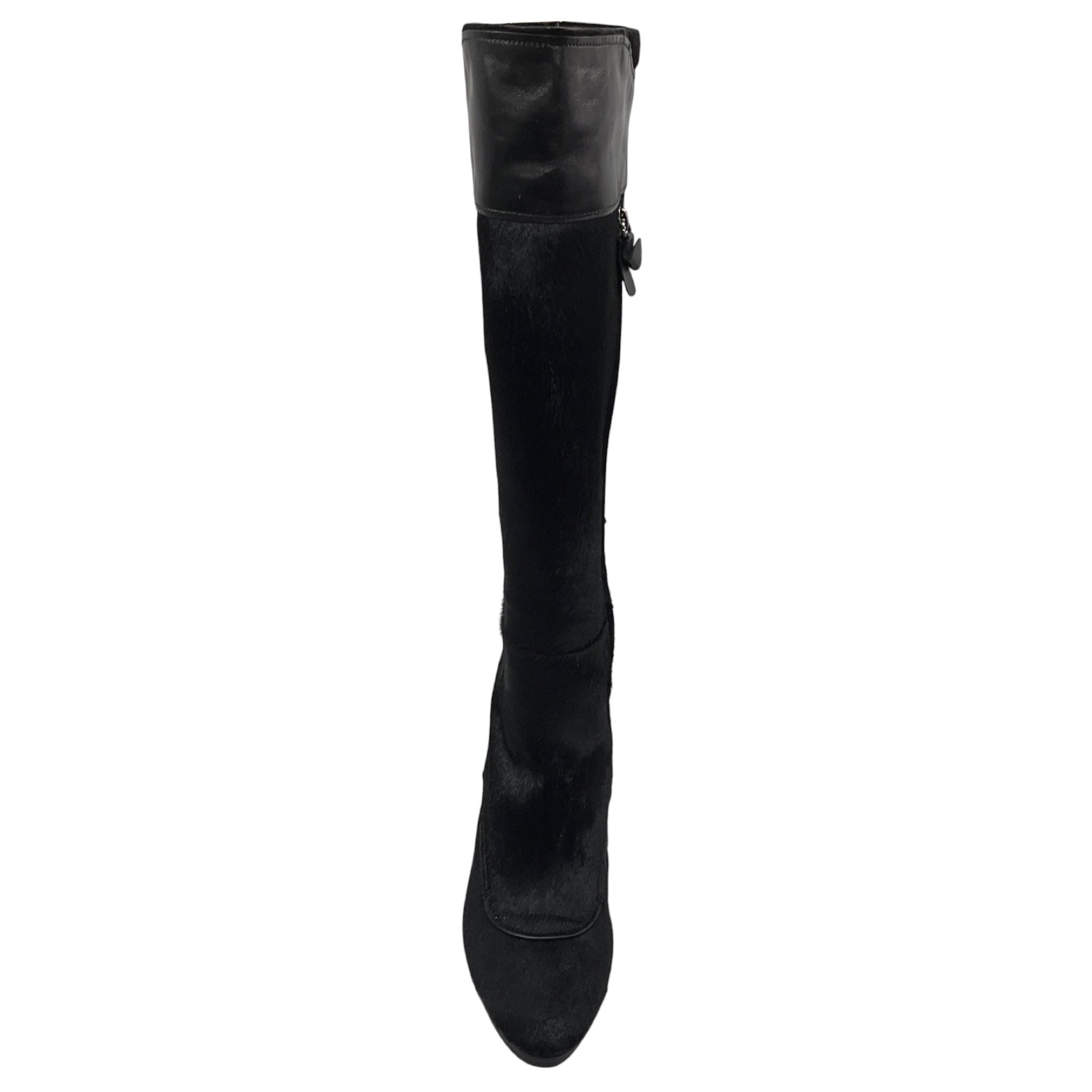 Tod's Black Leather Trimmed Calf Hair High Heeled Tall Boots