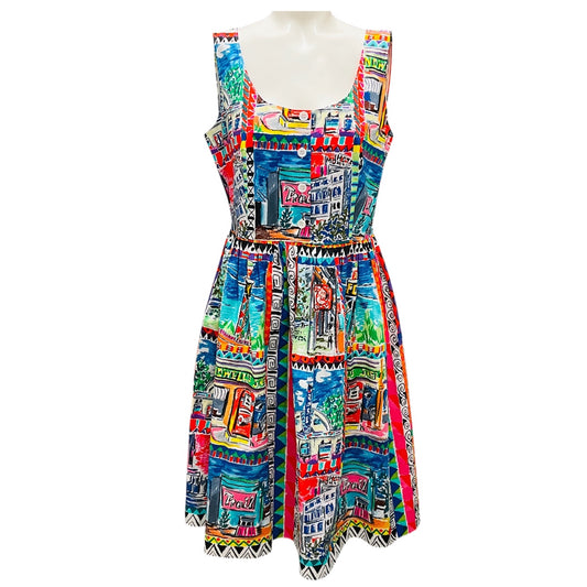 Prada Pink Multi Printed Sleeveless Flared Cotton Dress