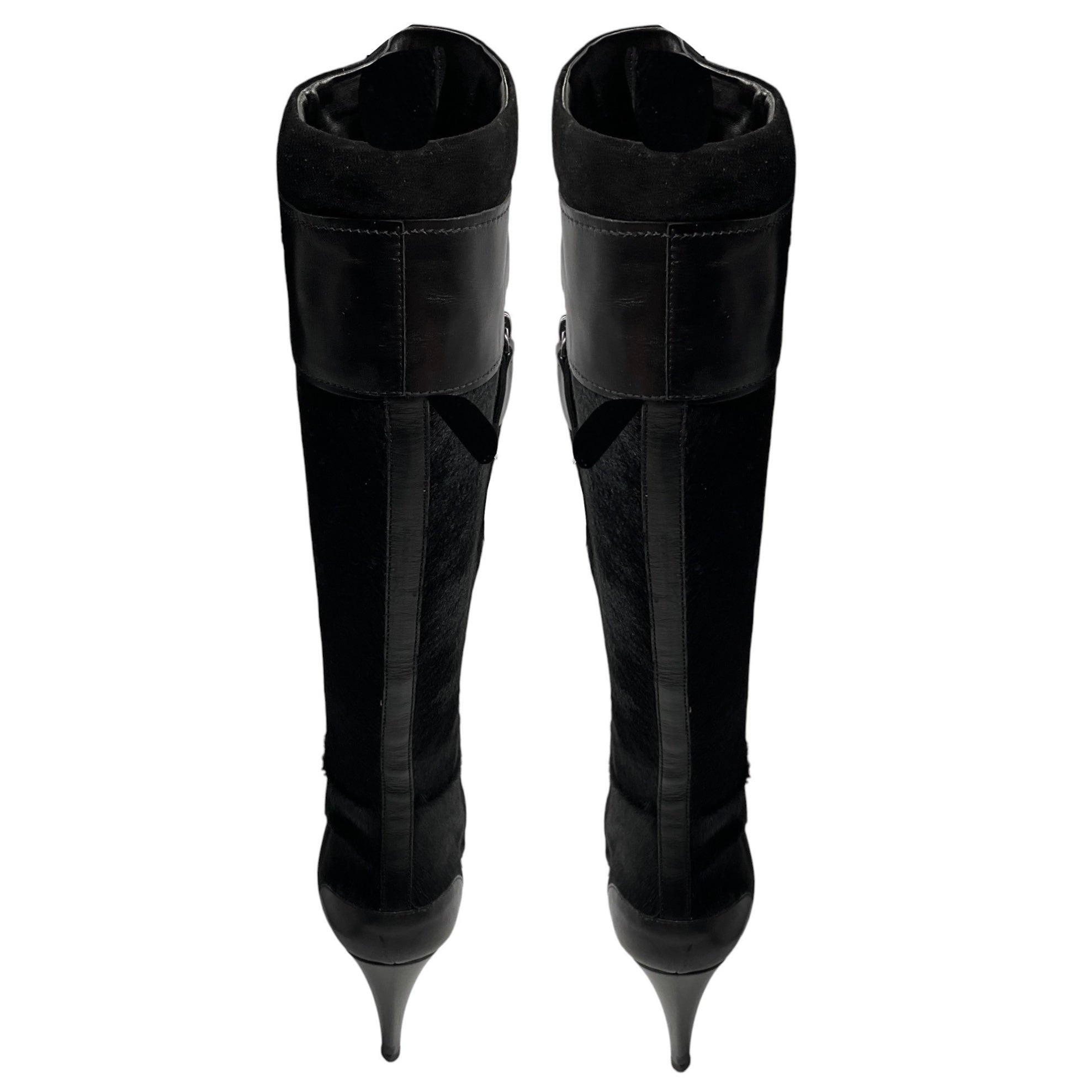 Tod's Black Leather Trimmed Calf Hair High Heeled Tall Boots