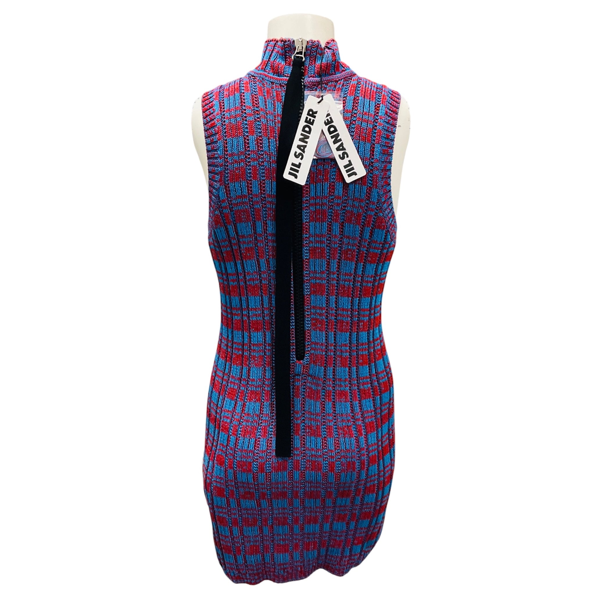 Jil Sander Blue / Red Sleeveless Cotton Knit Mini Dress