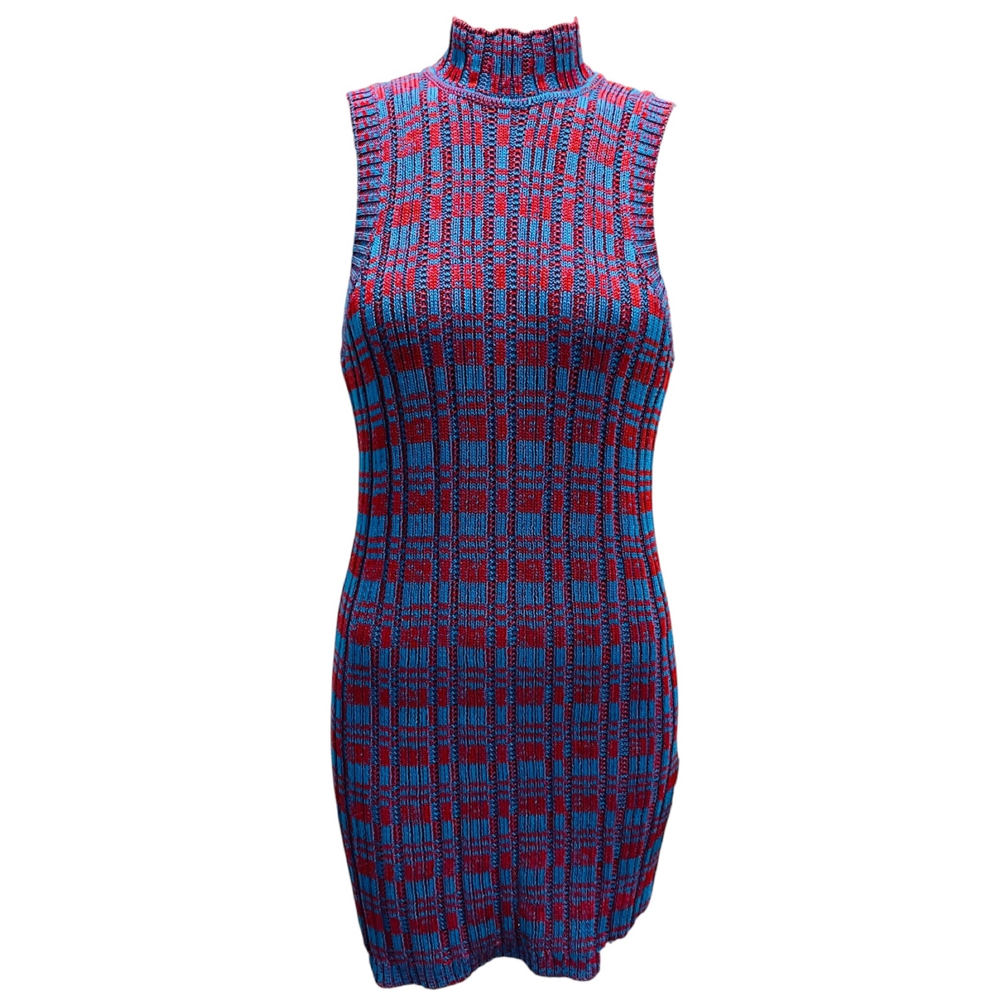 Jil Sander Blue / Red Sleeveless Cotton Knit Mini Dress