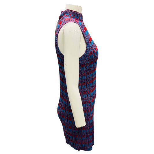 Jil Sander Blue / Red Sleeveless Cotton Knit Mini Dress