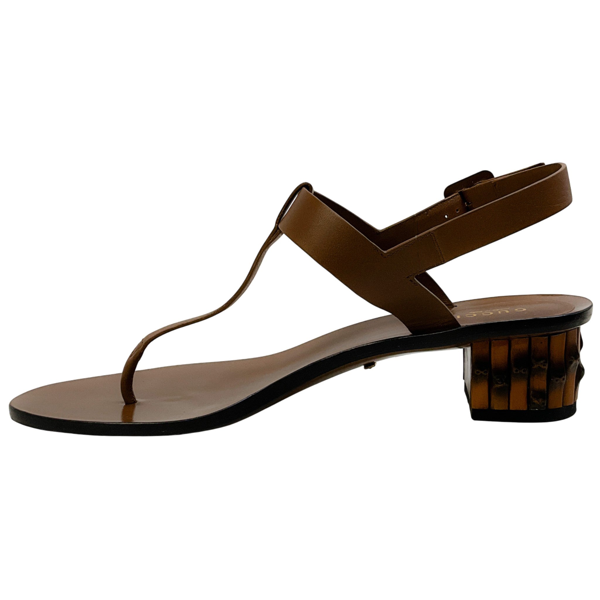 Gucci Brown Leather T Strap Sandals with Bamboo Heel