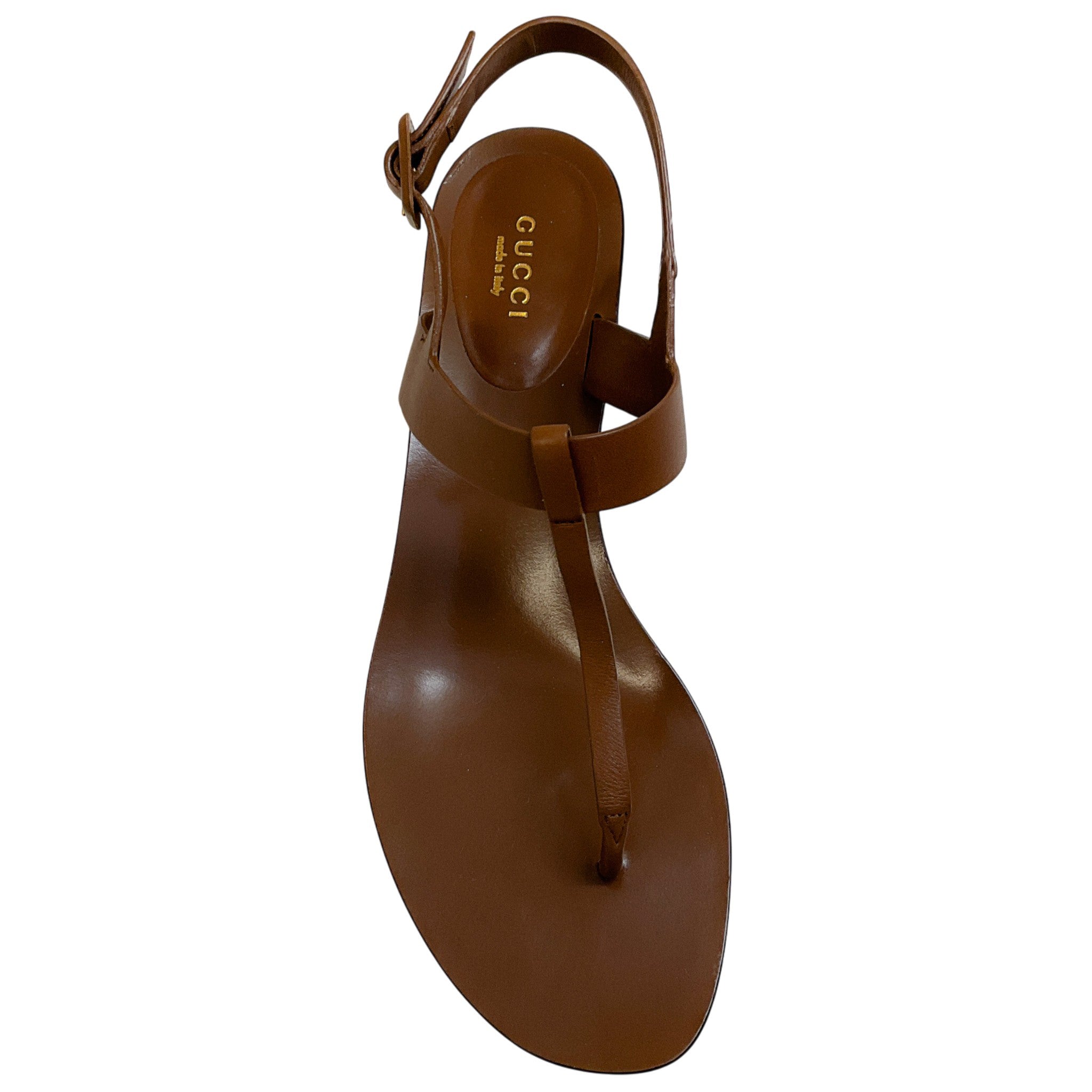 Gucci Brown Leather T Strap Sandals with Bamboo Heel