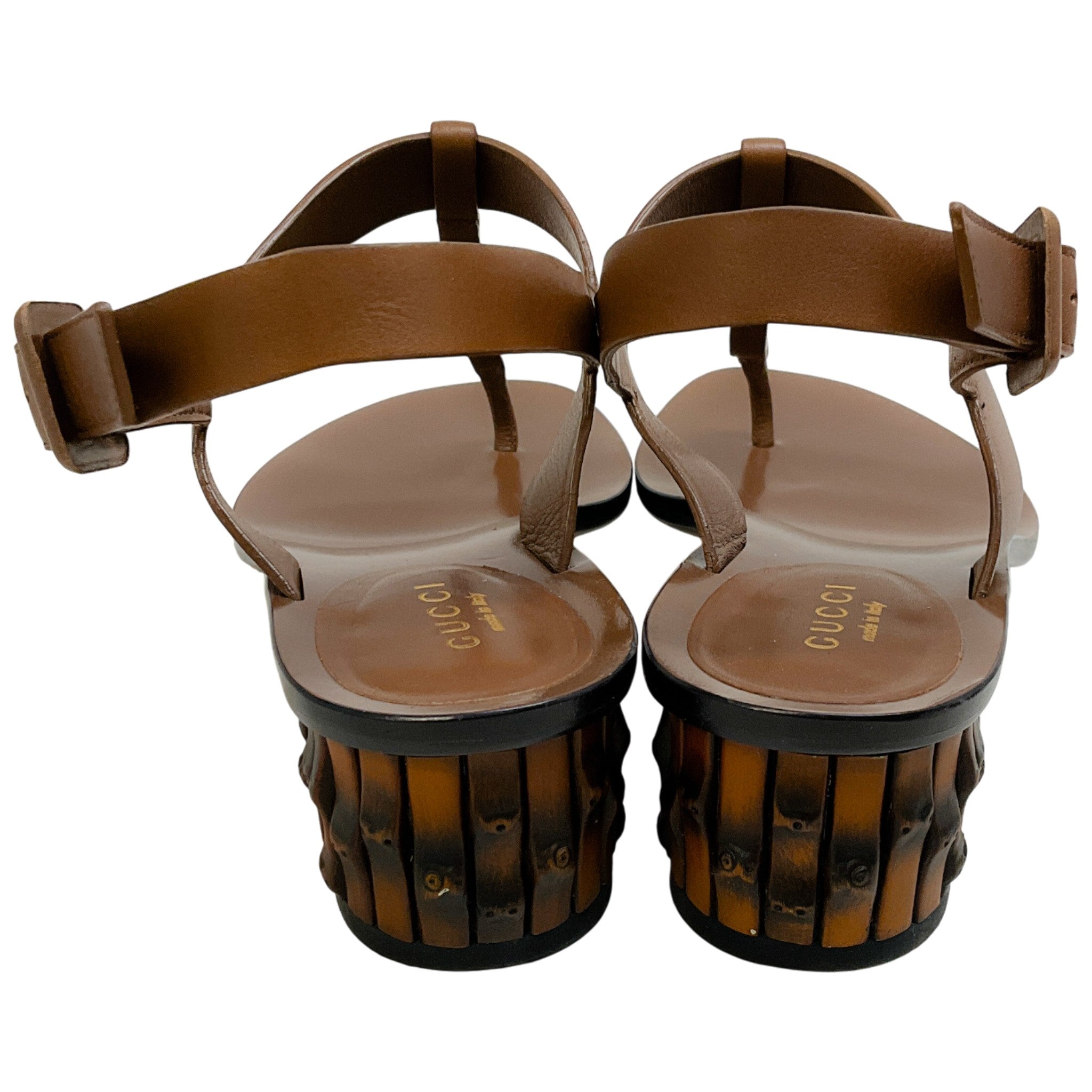 Gucci Brown Leather T Strap Sandals with Bamboo Heel