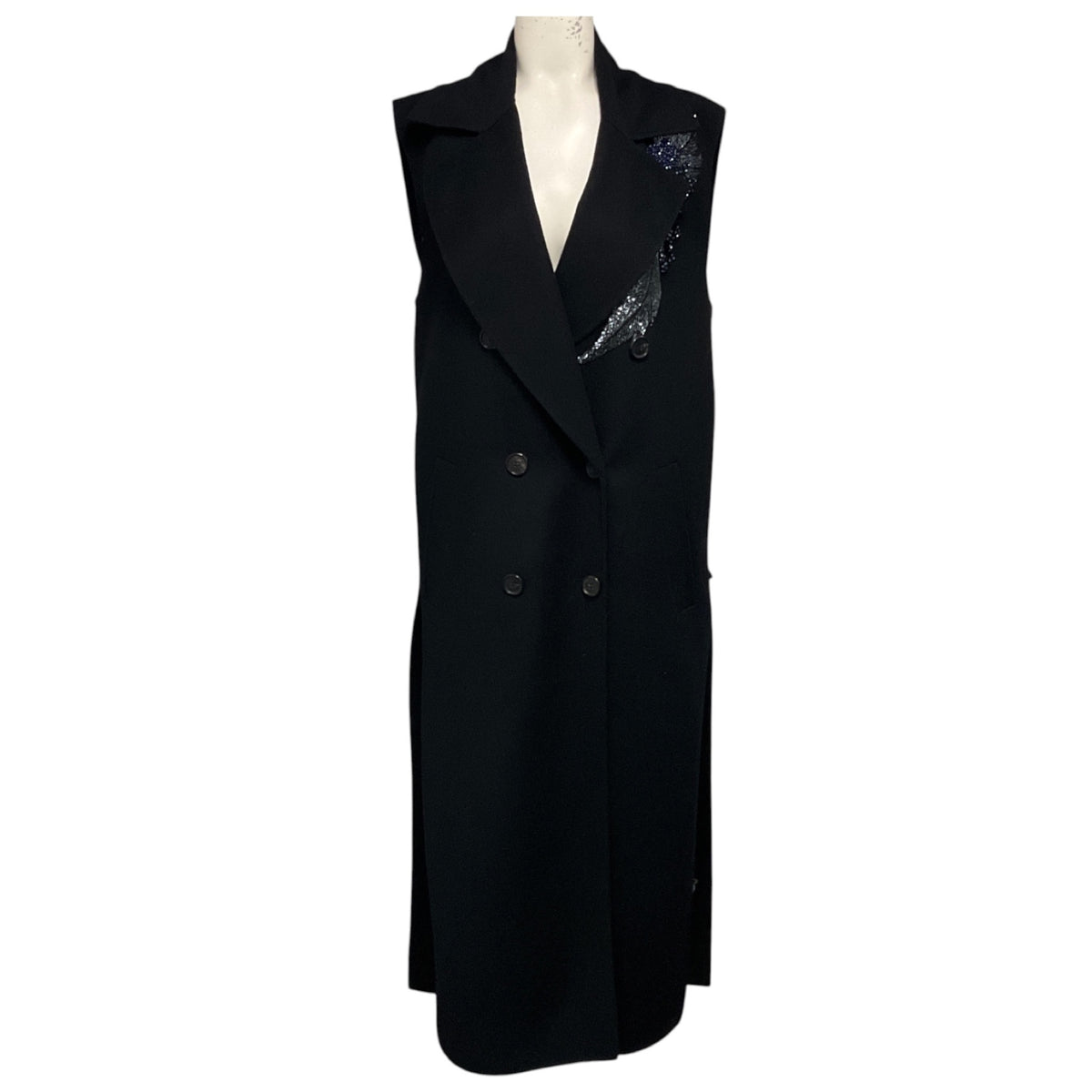 Albino Teodoro Navy Blue Bead Embellished Wool and Angora Long Vest
