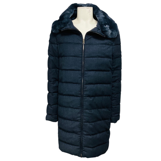 Amina Rubinacci Blue Quilted Zip Front Wool Puffer Coat with Fur Collar