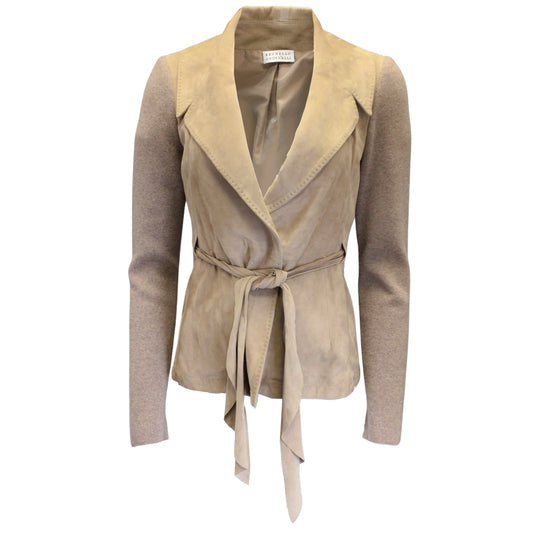 Brunello Cucinelli Beige / Taupe Belted Suede and Cashmere Knit Jacket