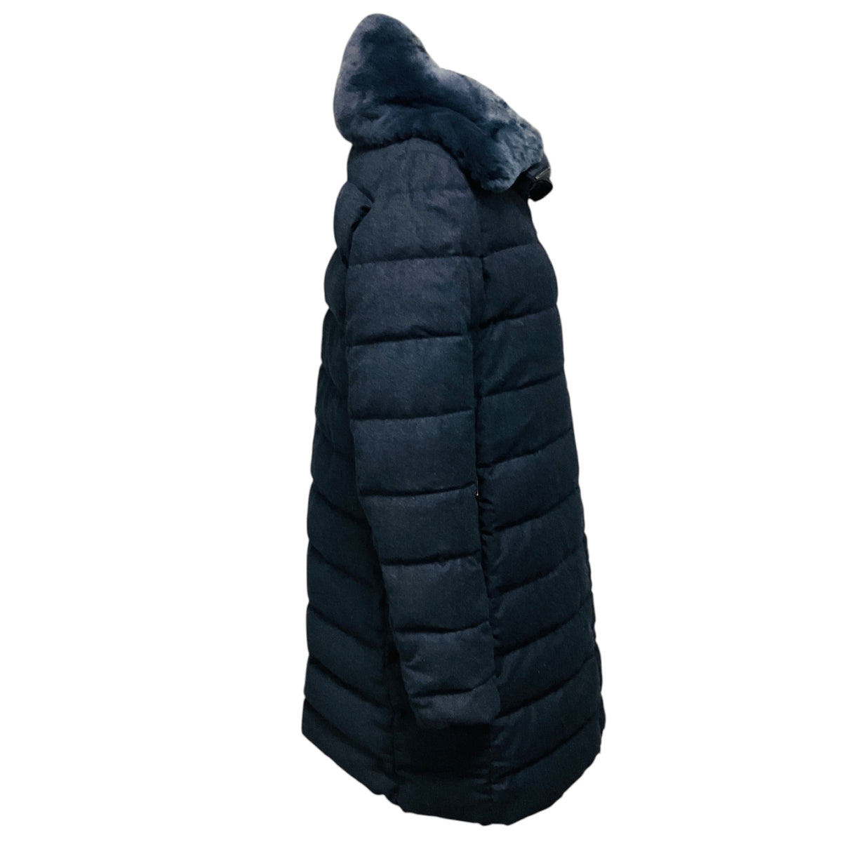 Amina Rubinacci Blue Quilted Zip Front Wool Puffer Coat with Fur Collar