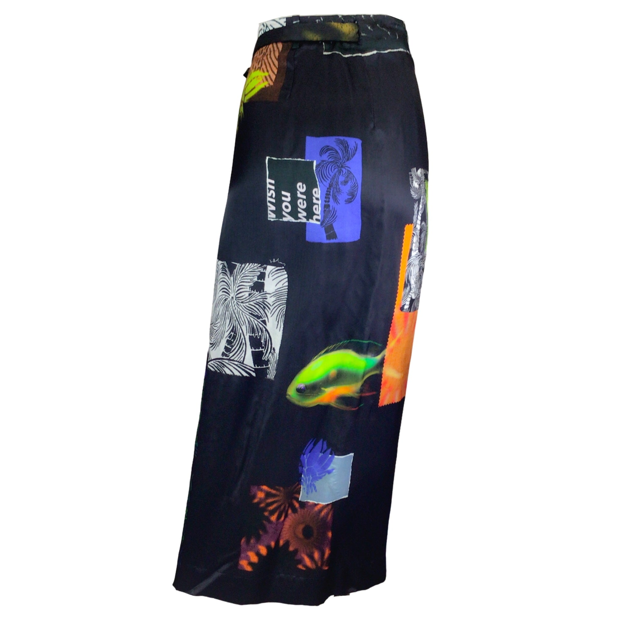 Dries Van Noten Black Multi Printed Satin Wrap Skirt