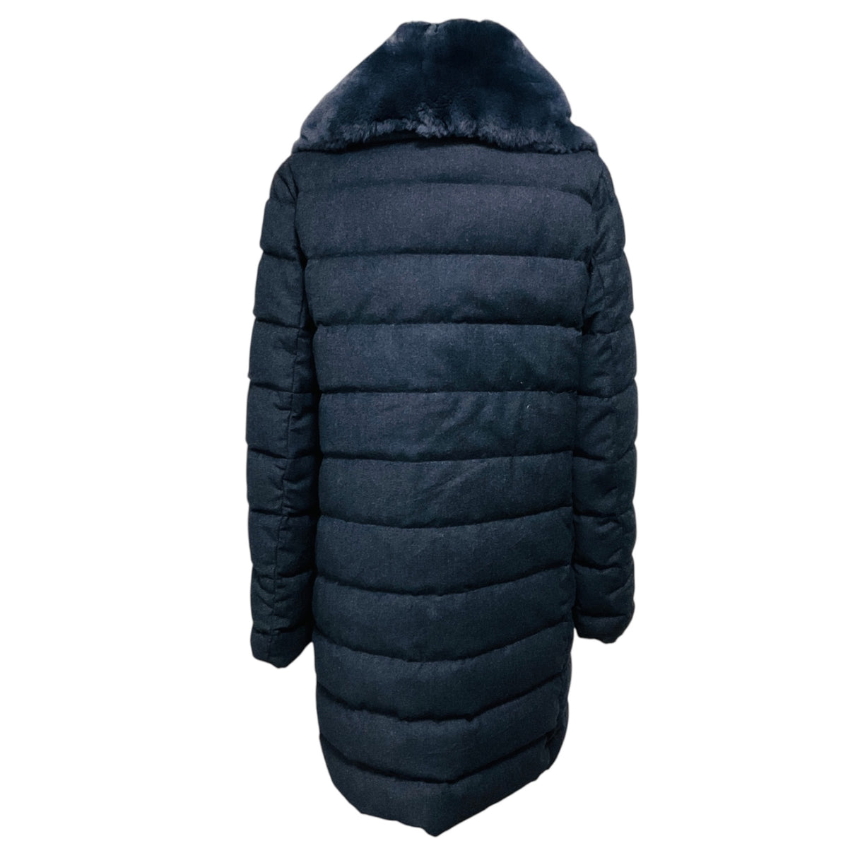 Amina Rubinacci Blue Quilted Zip Front Wool Puffer Coat with Fur Collar