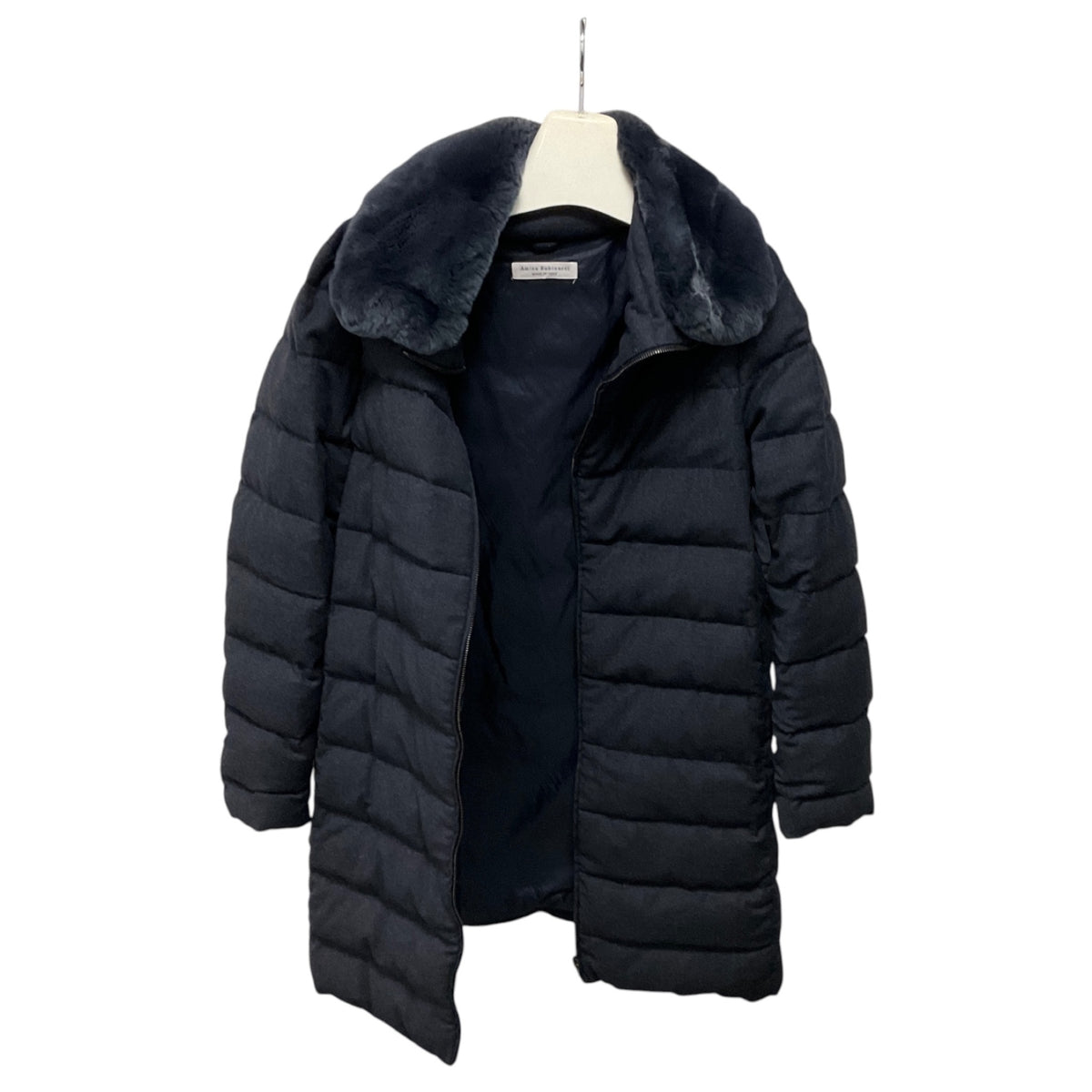 Amina Rubinacci Blue Quilted Zip Front Wool Puffer Coat with Fur Collar