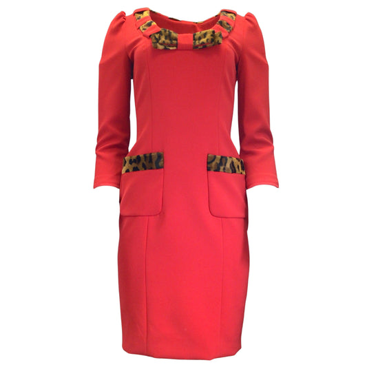 Moschino Couture Red Leopard Print Trimmed Crepe Dress