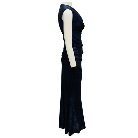 Talbot Runhof Blue Metallic Ruched Gown / Formal Dress