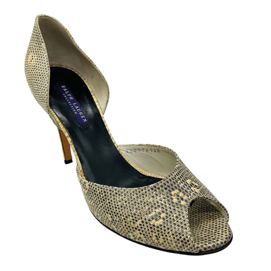 Ralph Lauren Collection Ivory / Black Embossed Leather Peep Toe Pumps