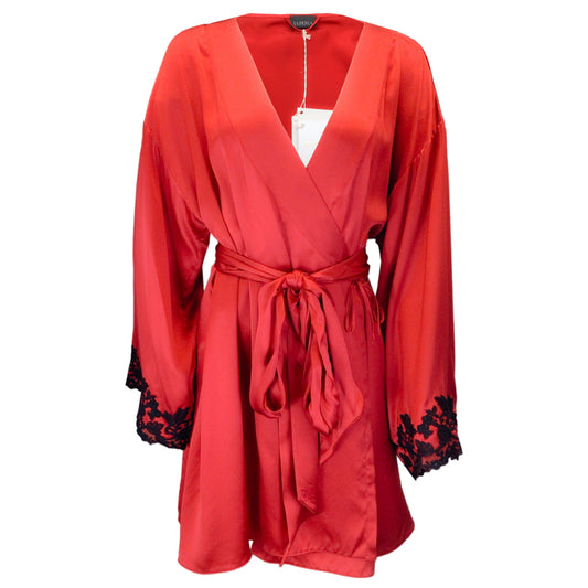 La Perla Red / Black Lace Trimmed Belted Wrap Robe / Dress