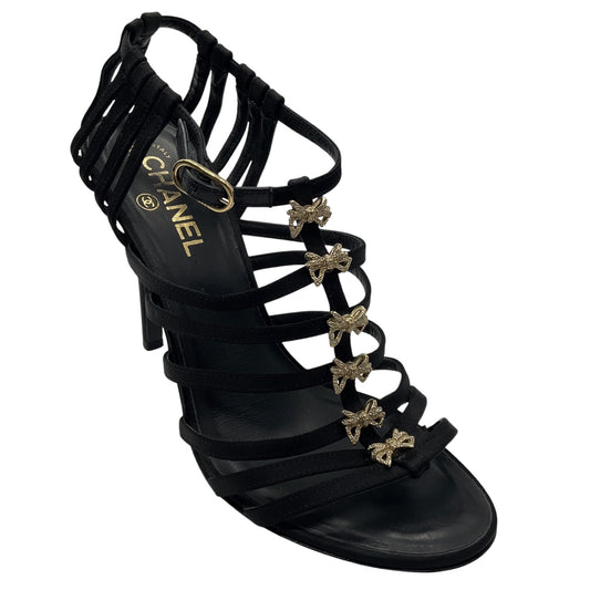 Chanel RARE Vintage 1999 Black Rhinestone Embellished Bow Satin Caged Sandals