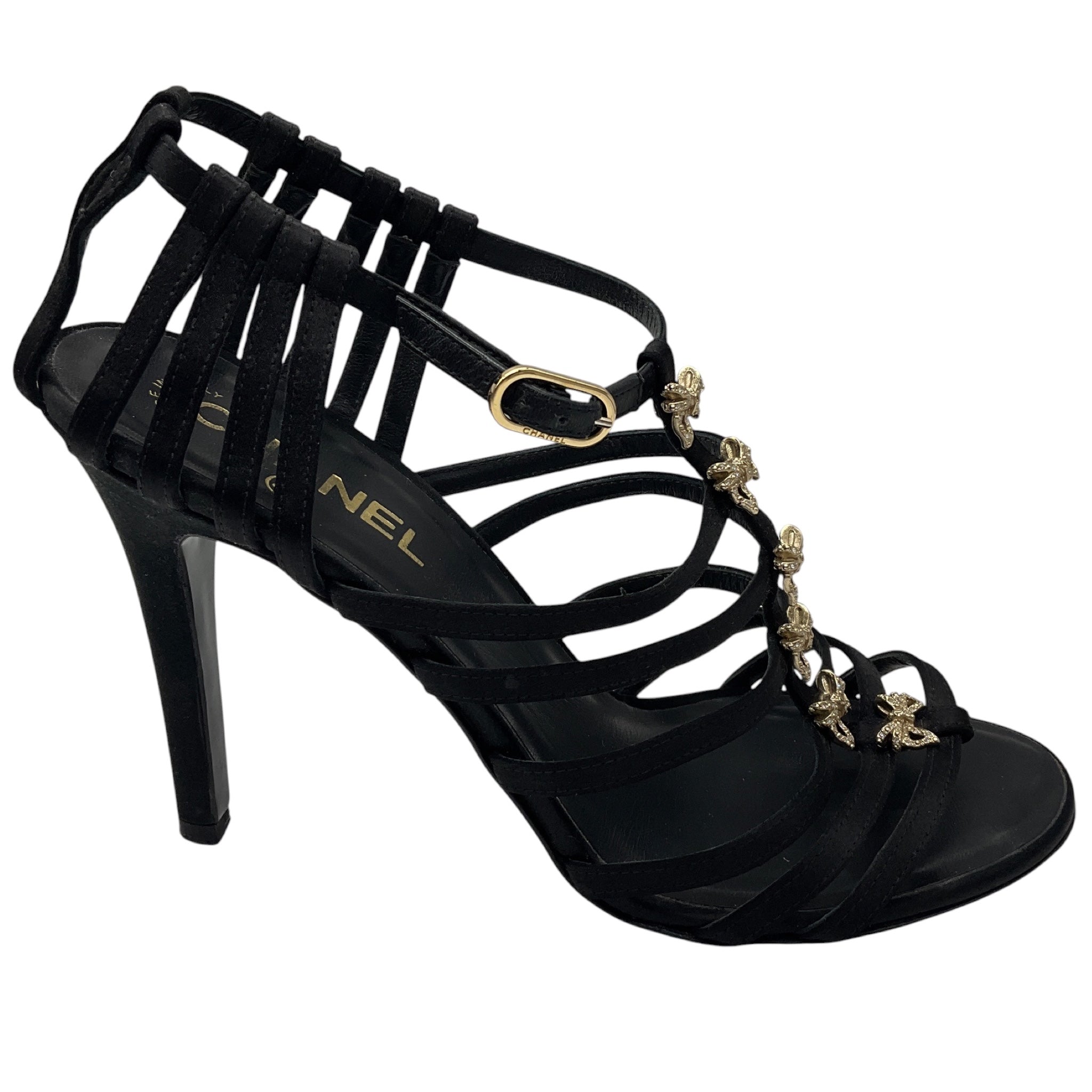 Chanel RARE Vintage 1999 Black Rhinestone Embellished Bow Satin Caged Sandals