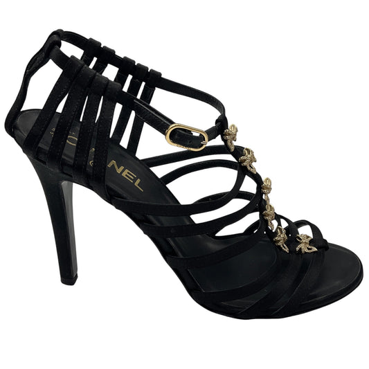 Chanel RARE Vintage 1999 Black Rhinestone Embellished Bow Satin Caged Sandals
