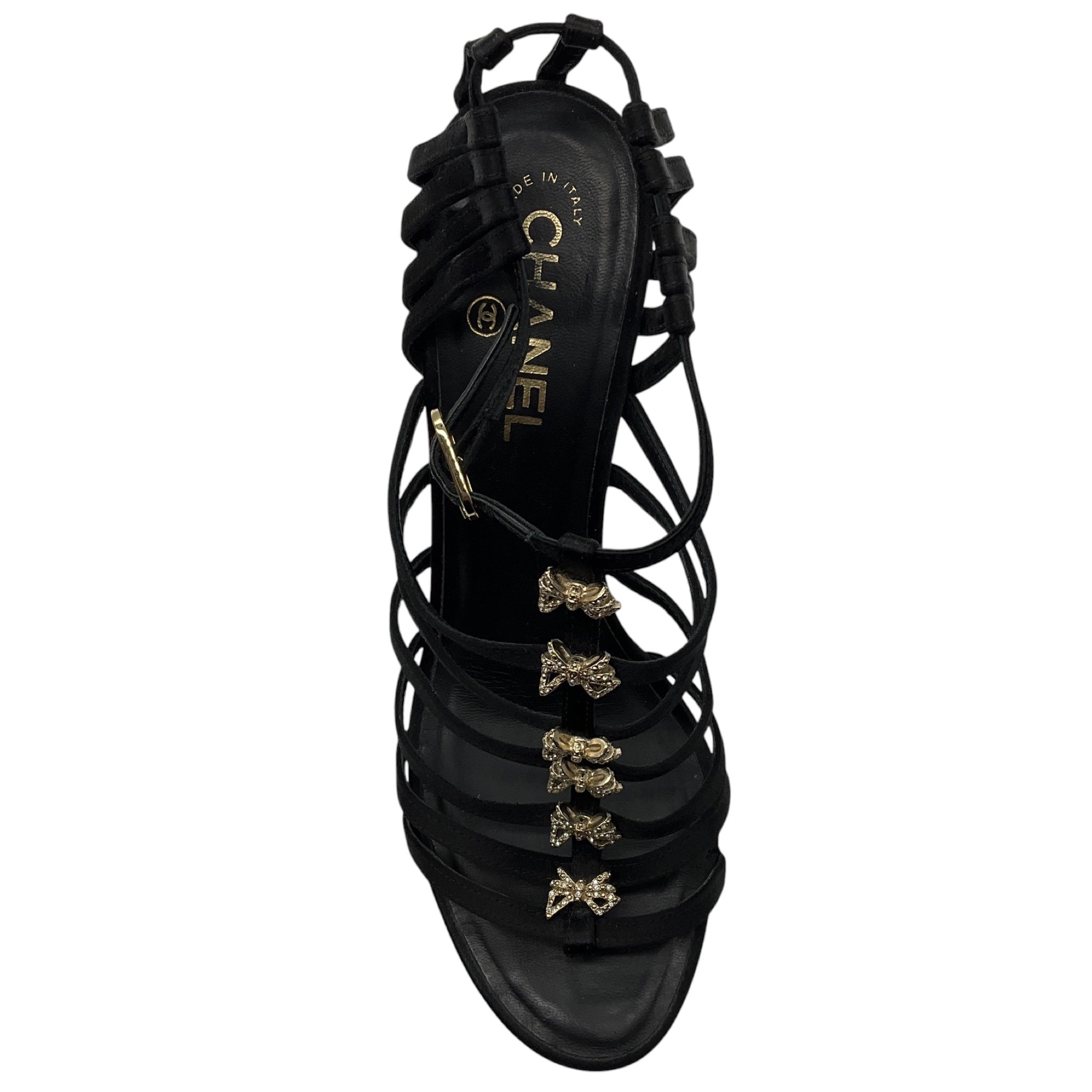 Chanel RARE Vintage 1999 Black Rhinestone Embellished Bow Satin Caged Sandals