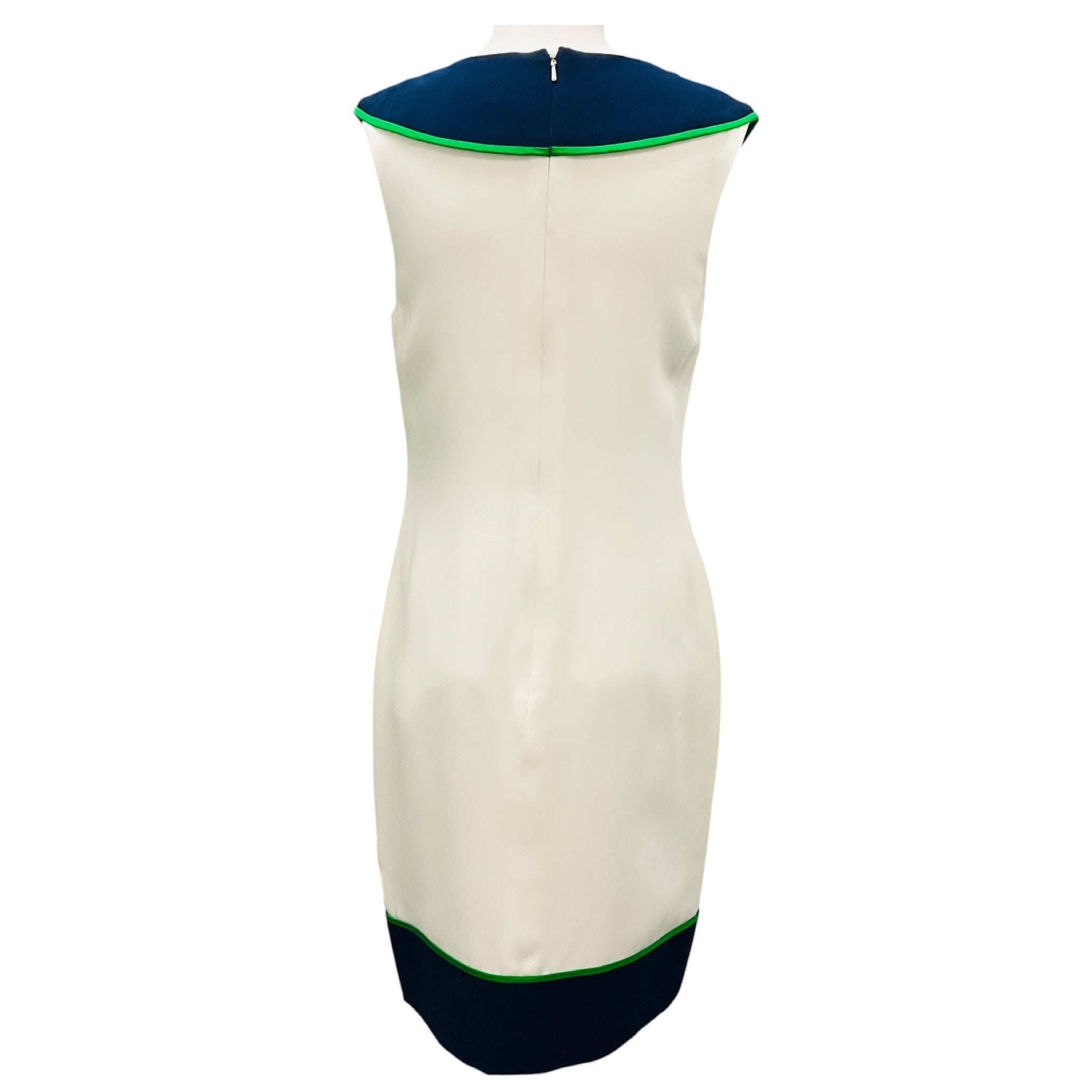 Donald Deal Ivory / Green / Navy Sleeveless Silk Crepe Shift Dress