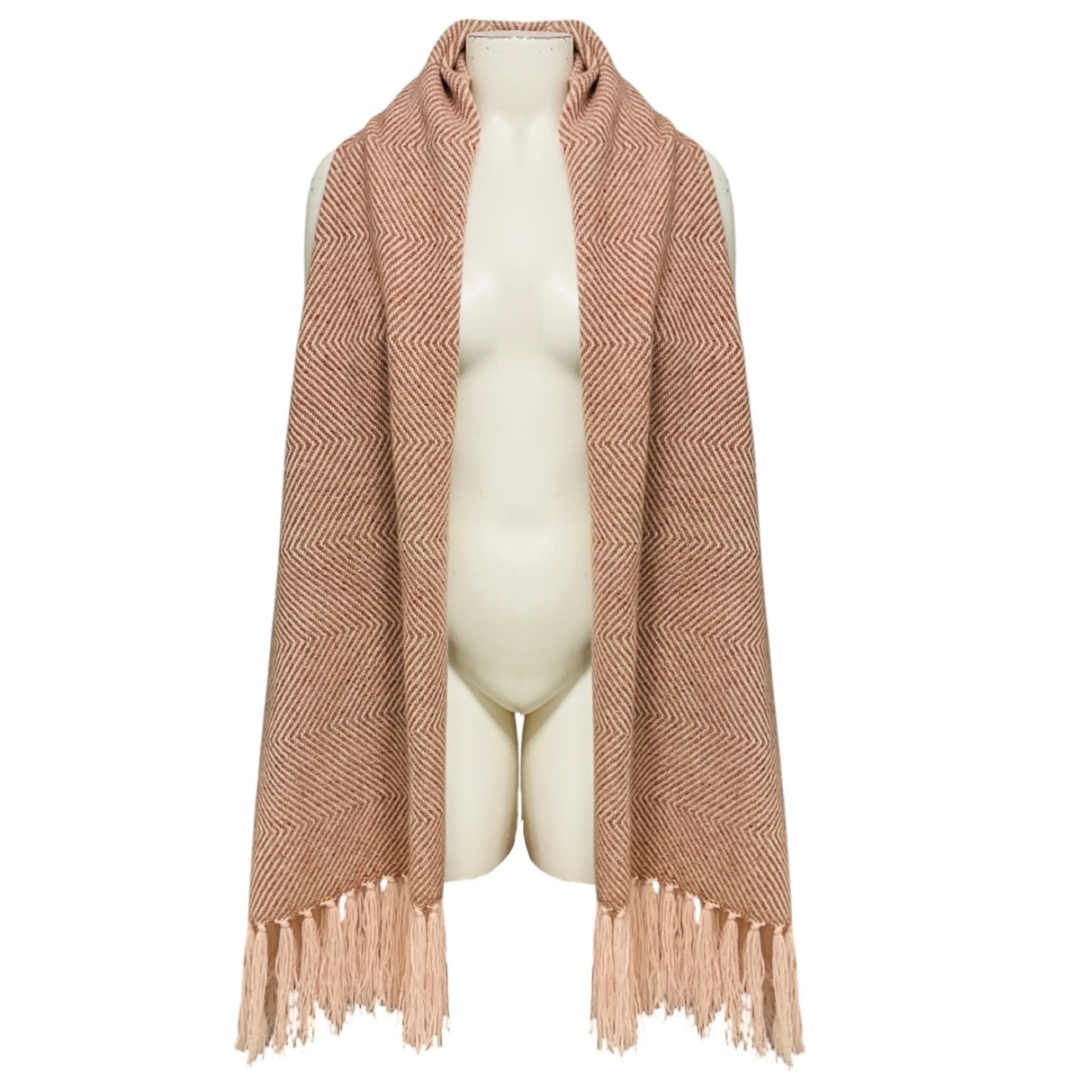 Loro Piana Light Pink Fringed Herringbone Patterned Baby Cashmere Long Scarf