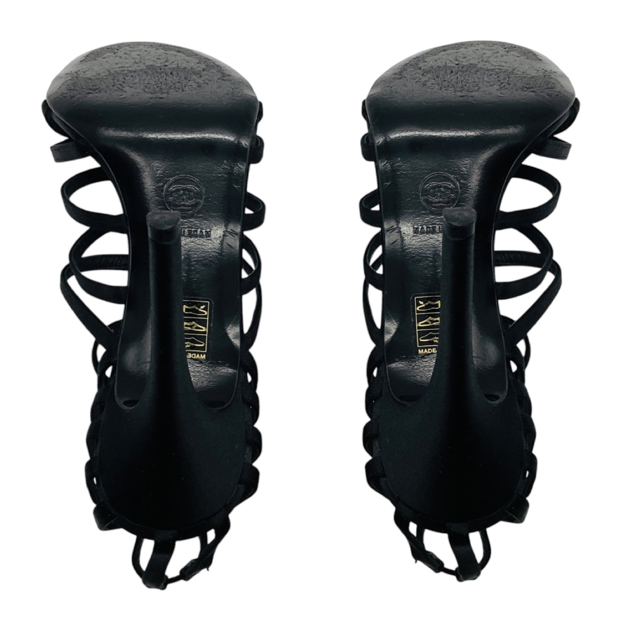 Chanel RARE Vintage 1999 Black Rhinestone Embellished Bow Satin Caged Sandals