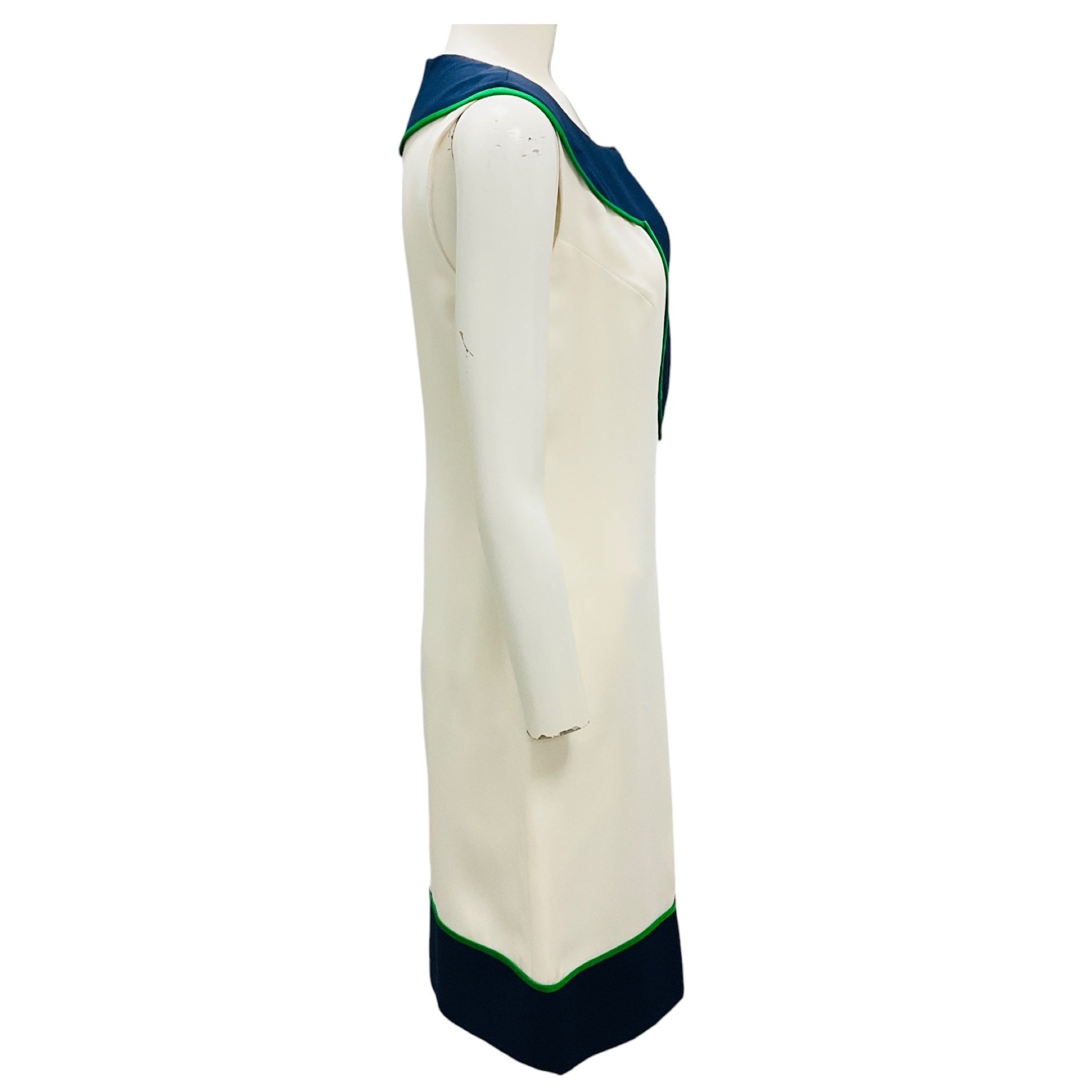 Donald Deal Ivory / Green / Navy Sleeveless Silk Crepe Shift Dress