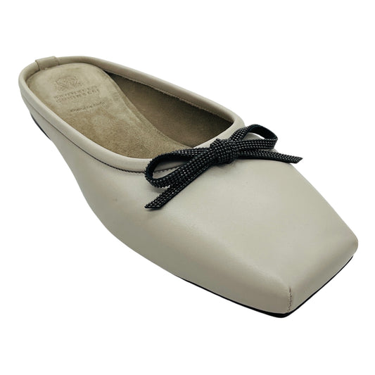 Brunello Cucinelli Taupe Bow Detail Leather Ballet Mules with Monili 