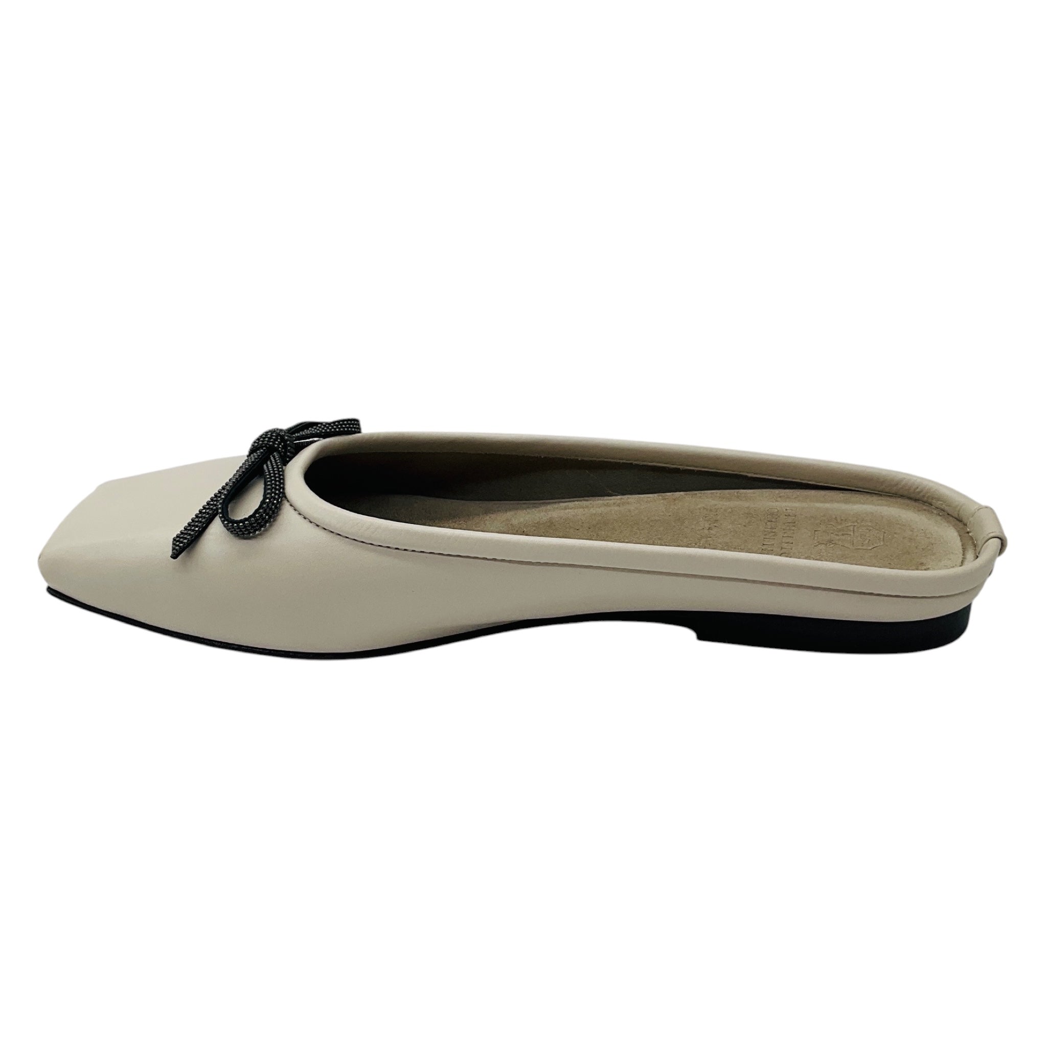 Brunello Cucinelli Taupe Bow Detail Leather Ballet Mules with Monili