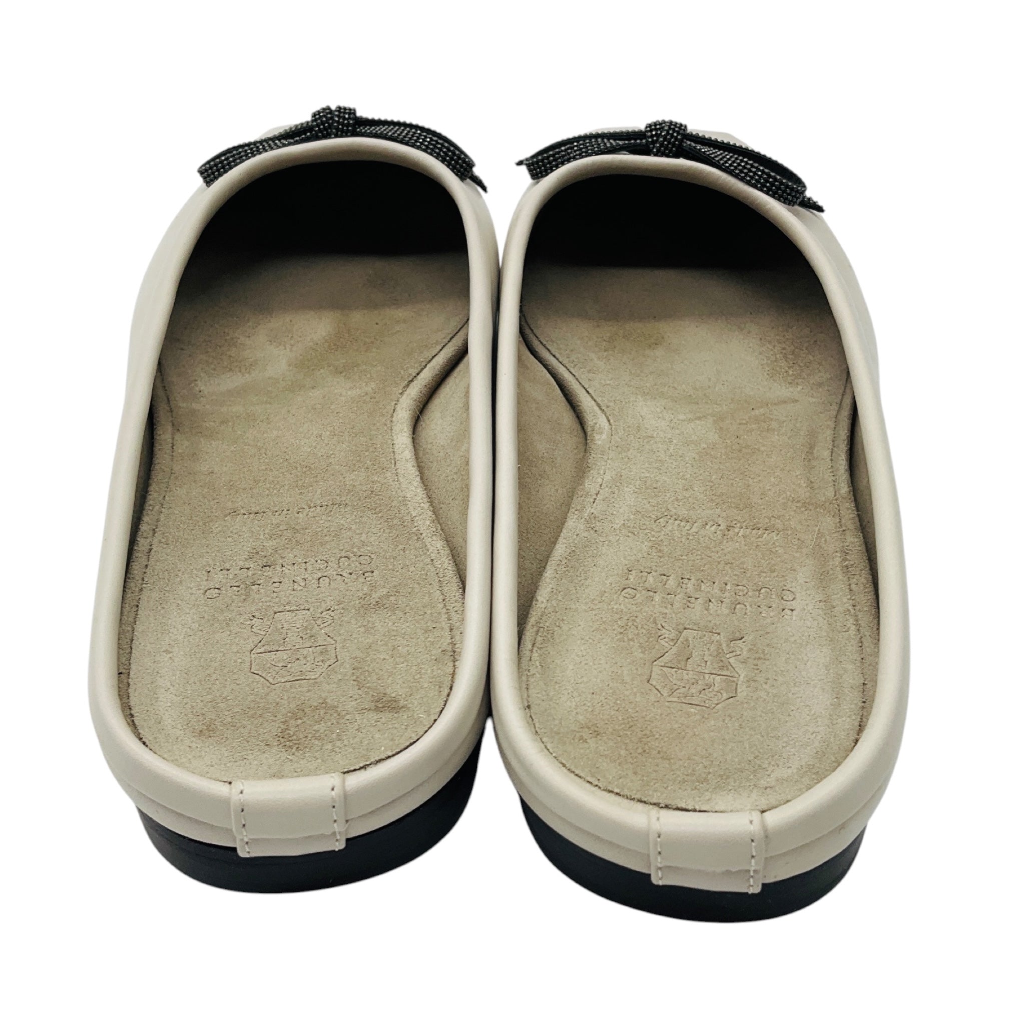 Brunello Cucinelli Taupe Bow Detail Leather Ballet Mules with Monili