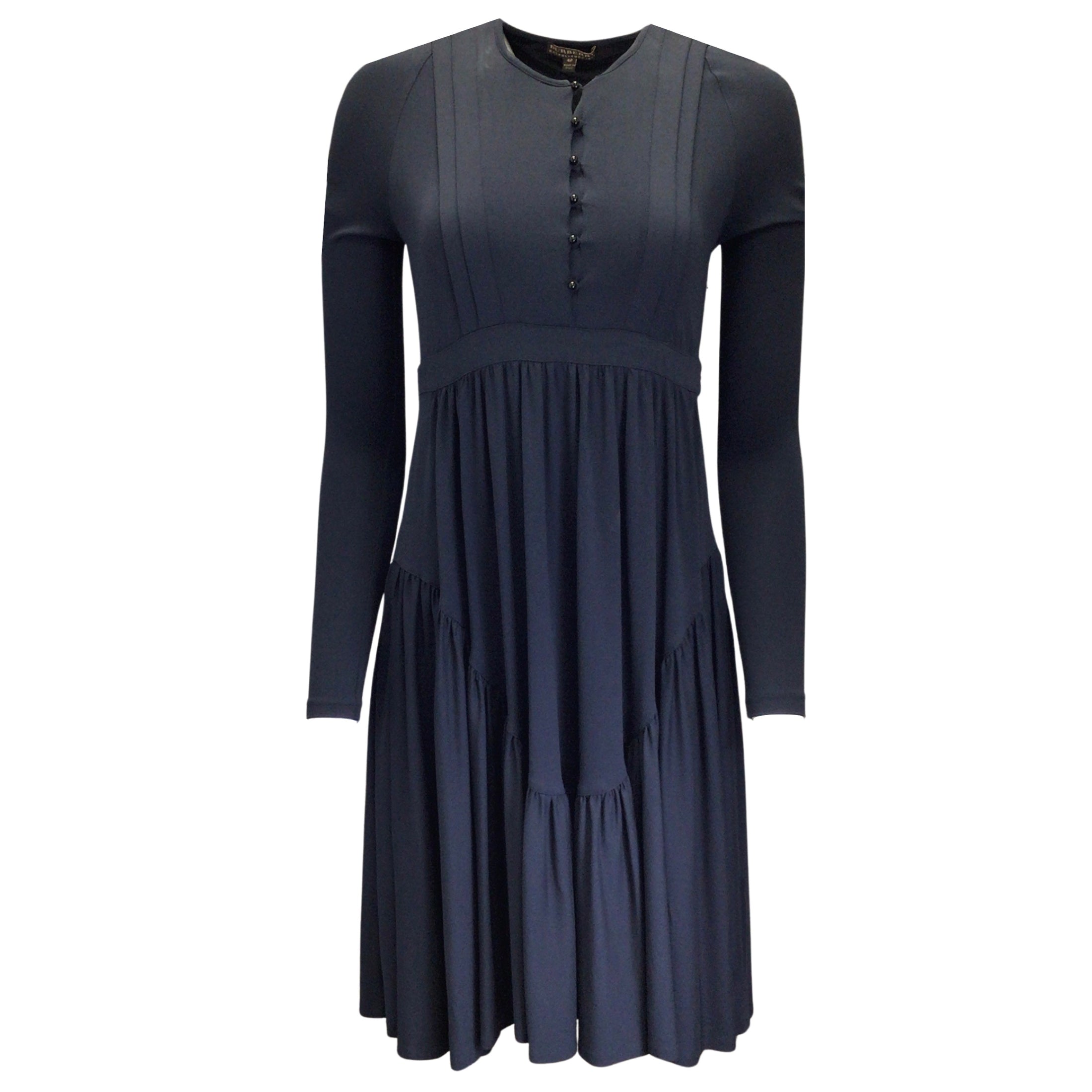 Burberry Navy Blue Belted Long Sleeved Viscose Stretch Midi Dress