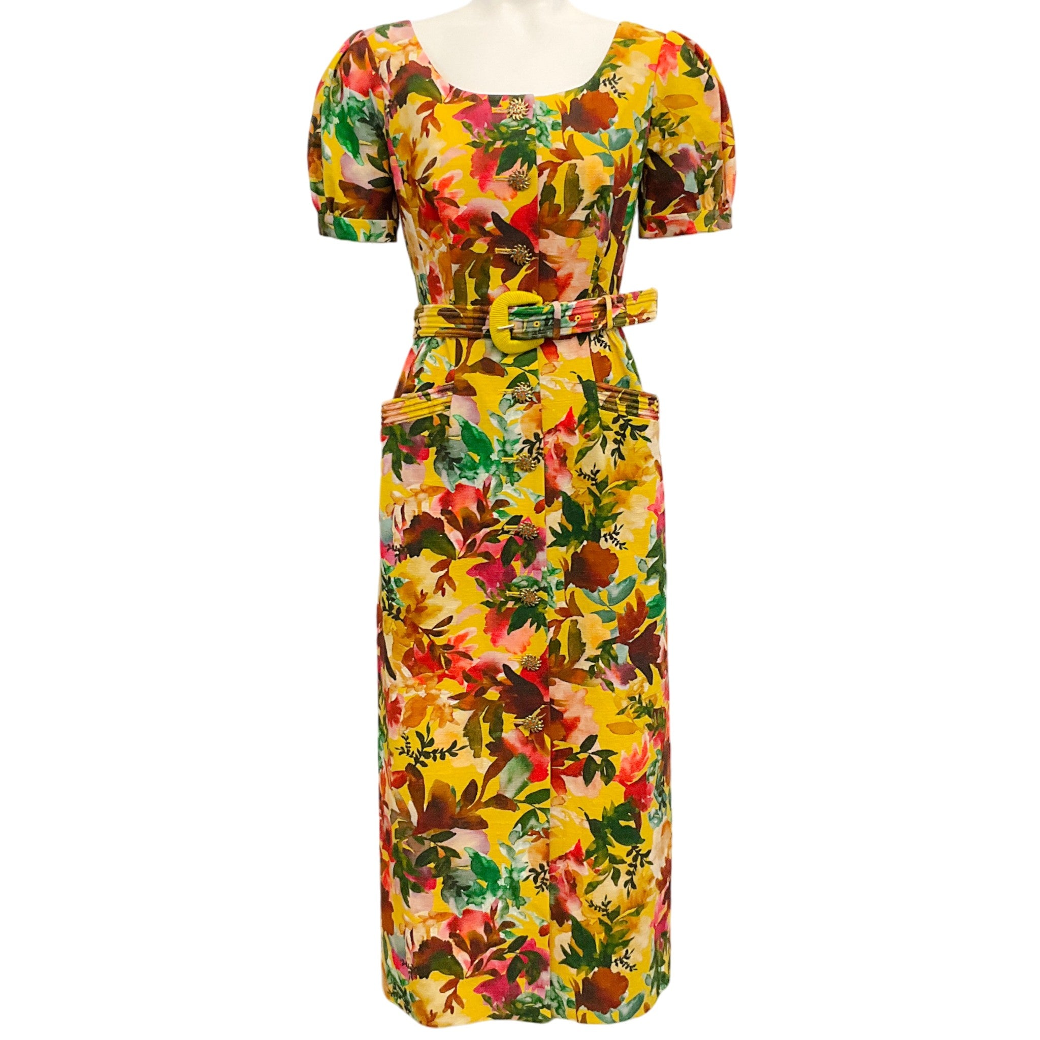 Saloni Yellow Floral Cotton Belted Bianca Midi Dress
