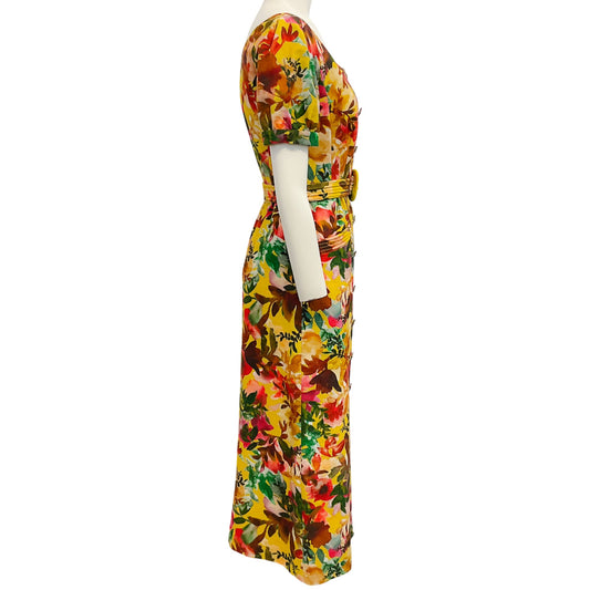 Saloni Yellow Floral Cotton Belted Bianca Midi Dress