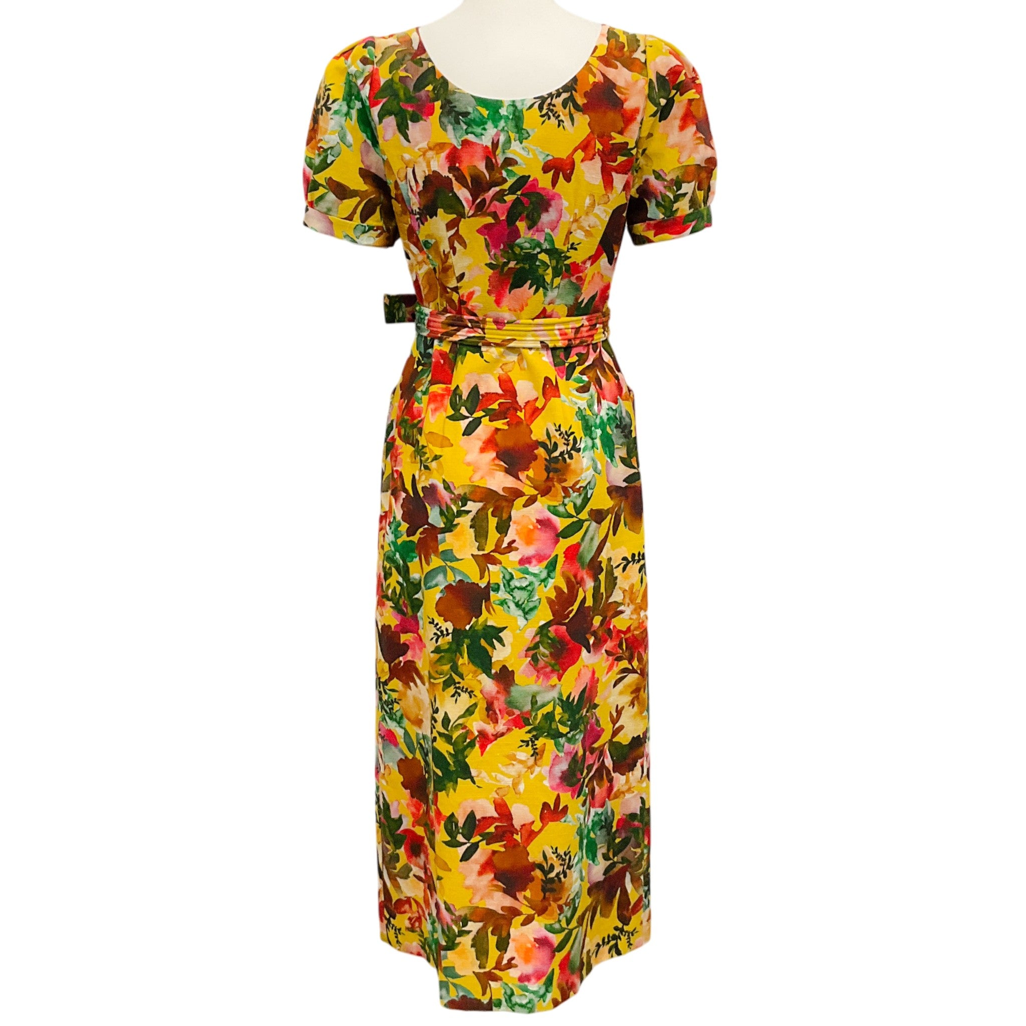 Saloni Yellow Floral Cotton Belted Bianca Midi Dress