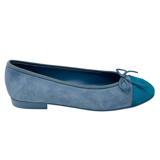 Chanel Light Blue / Turquoise CC Logo Cap Toe Suede Calfskin Ballerina Flats with Bow Detail