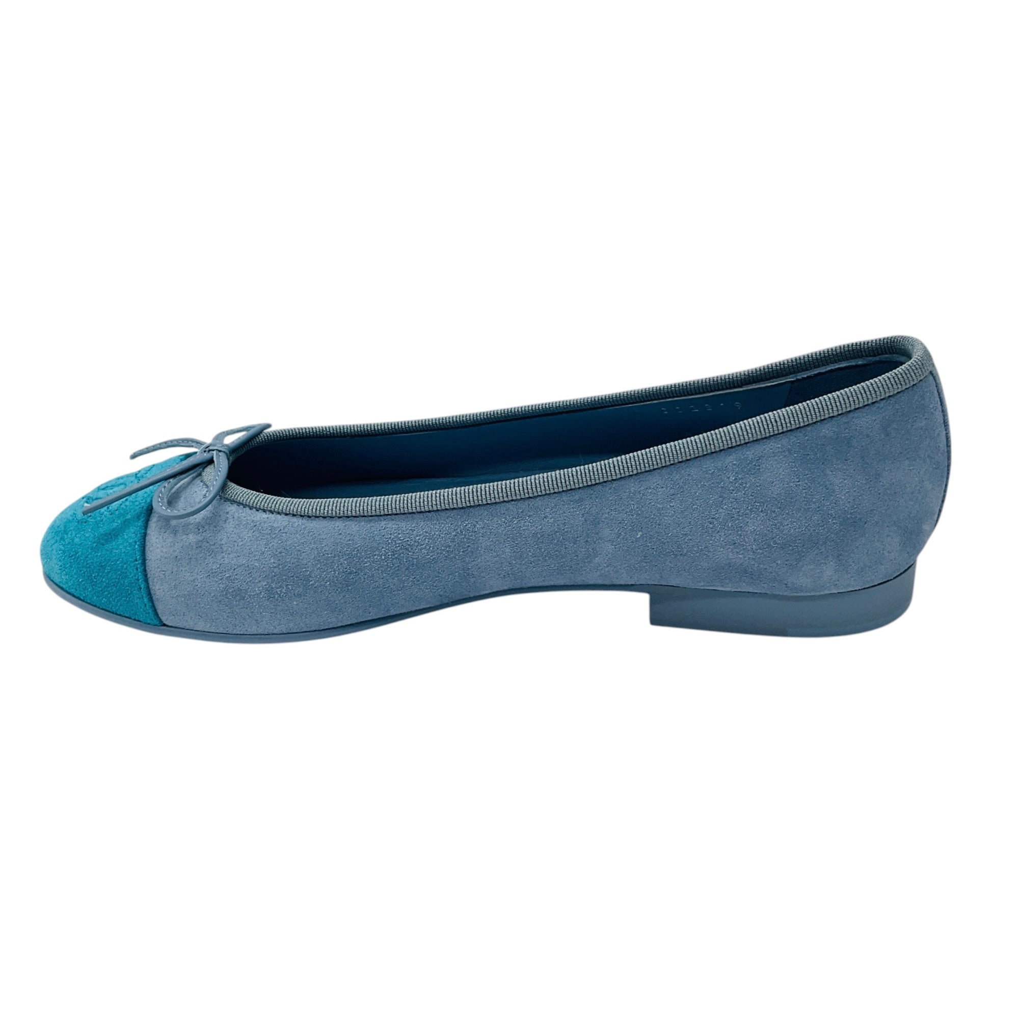 Chanel Light Blue / Turquoise CC Logo Cap Toe Suede Calfskin Ballerina Flats with Bow Detail