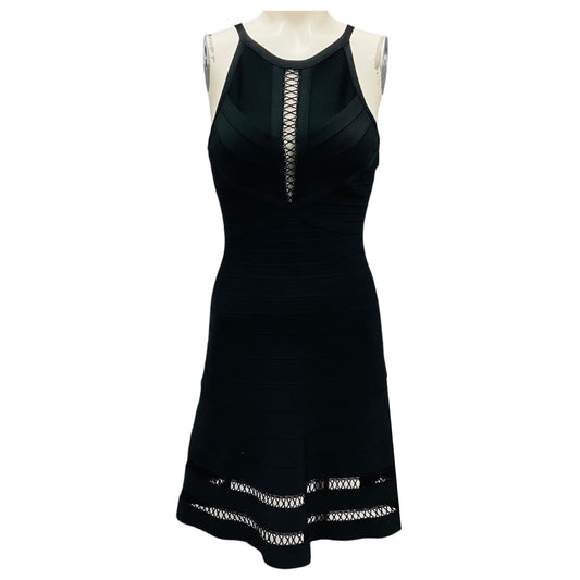 Herve Leger Black Alison Lattice Detail Bandage Bodycon Cocktail Dress