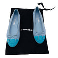 Load image into Gallery viewer, Chanel Light Blue / Turquoise CC Logo Cap Toe Suede Calfskin Ballerina Flats with Bow Detail
