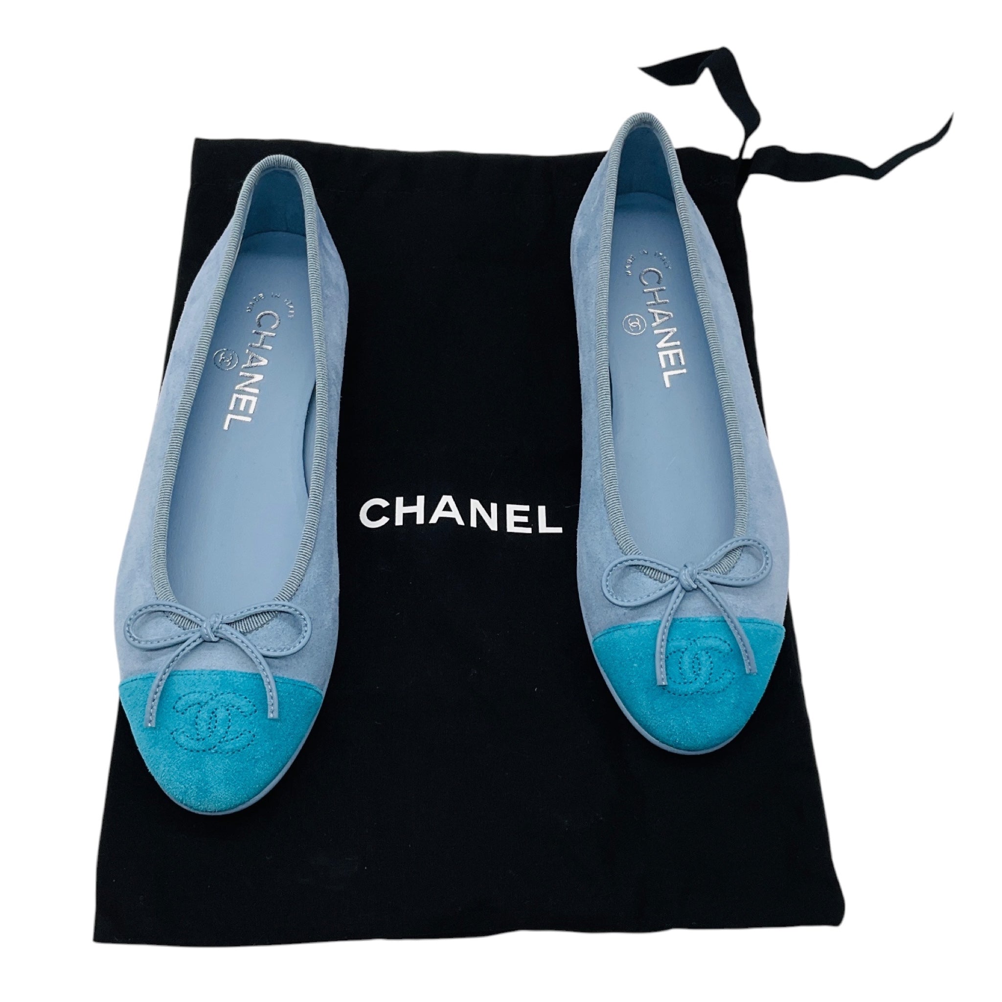 Chanel Light Blue / Turquoise CC Logo Cap Toe Suede Calfskin Ballerina Flats with Bow Detail