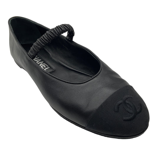 Chanel Black 2024 CC Logo Grosgrain Cap Toe and Leather Mary Jane Ballet Flats