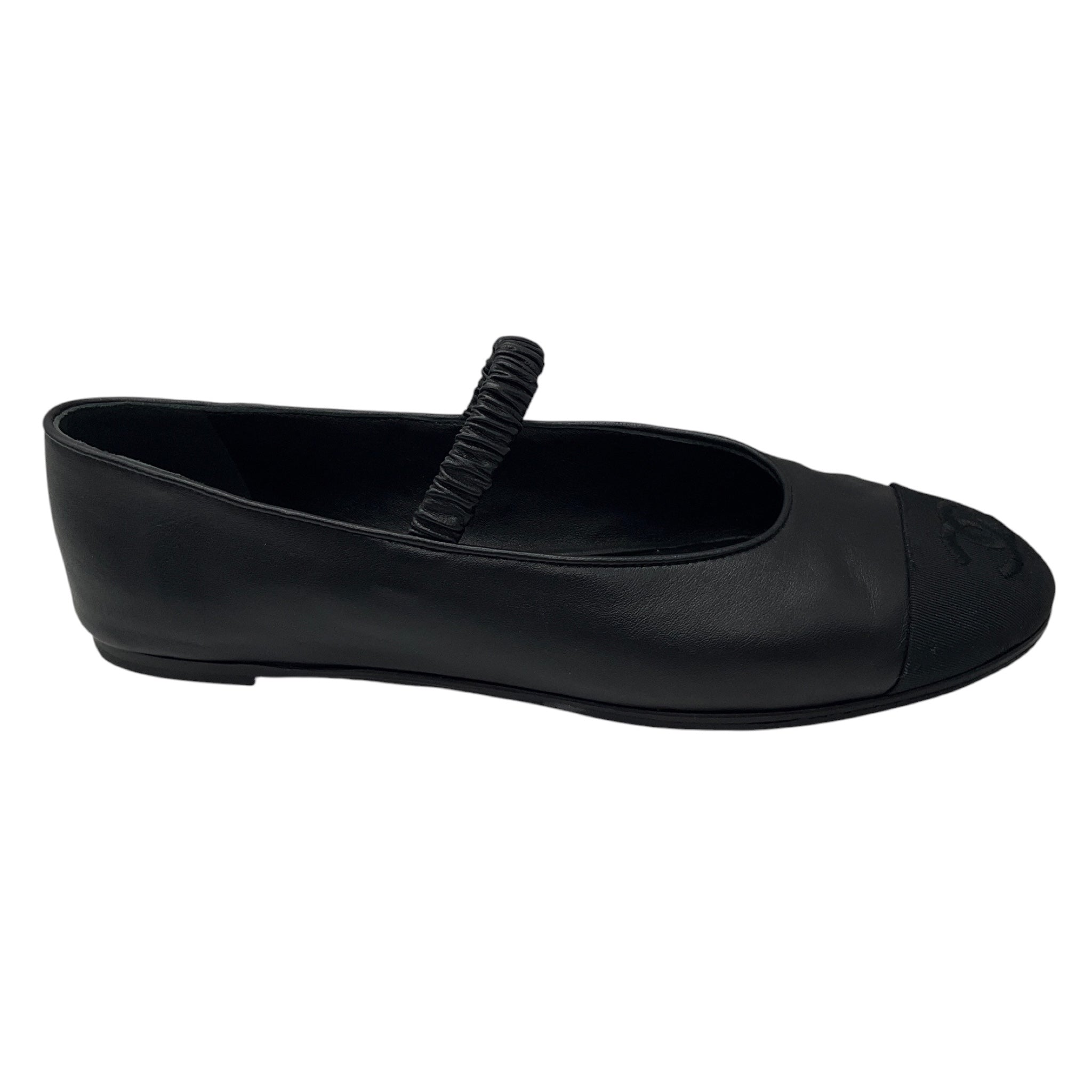 Chanel Black 2024 CC Logo Grosgrain Cap Toe and Leather Mary Jane Ballet Flats