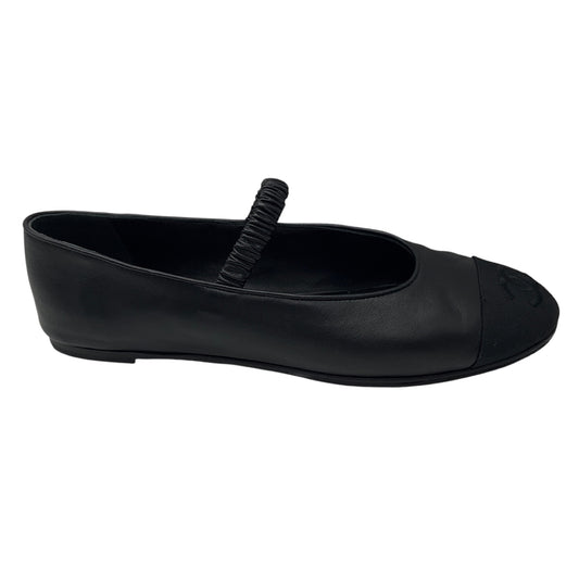 Chanel Black 2024 CC Logo Grosgrain Cap Toe and Leather Mary Jane Ballet Flats