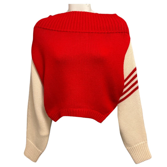 Monse Red / Ivory Cropped Wool Knit Pullover Sweater with Stripes